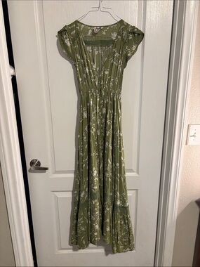 Floral V-Neck Olive Green Maxi Dress